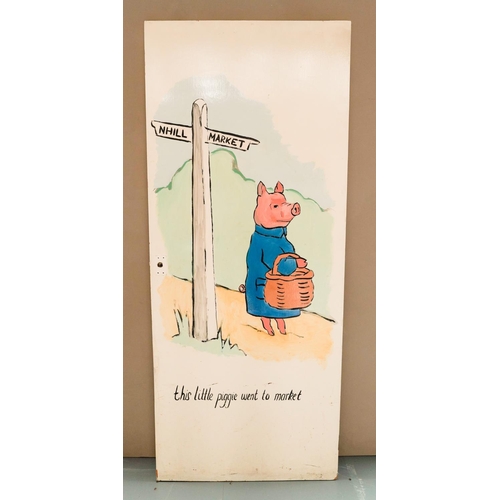 214 - A SET OF FOUR HAND PAINTED PAINTED NURSERY DOOR PANELS DEPICTING 'THIS LITTLE PIGGY' NURSERY RHYME19... 