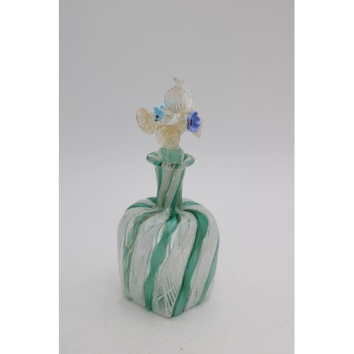 244 - A MURANO GLASS GREEN AND WHITE STRIPED BOTTLE WITH ASSOCIATED FLORAL DECORATED STOPPER, 18cm high