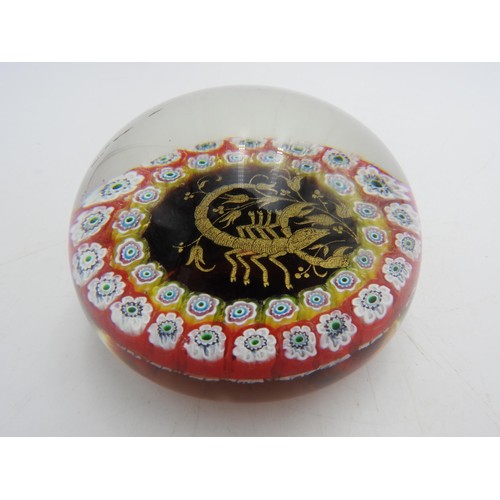 246 - MURANO MILLEFIORE GLASS ZODIAC STAR SIGN PAPERWEIGHT, with a central scorpion depicted in gold leaf ... 