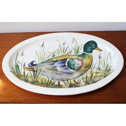 254 - AN ITALIAN HAND PAINTED OVAL PLATTER DECORATED WITH PICTURE OF MALLARD DUCK IN REEDS, indistinguisha... 