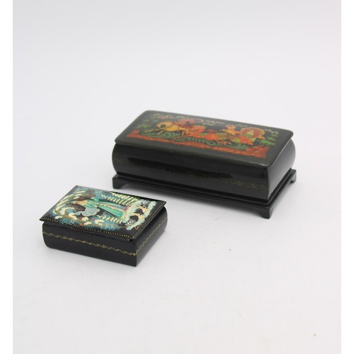 259 - TWO USSR 20th CENTURY HAND PAINTED PAPIER MACHE TRINKET BOXES, decorated with folk lore scenes, 6 x ... 