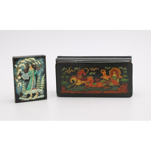 259 - TWO USSR 20th CENTURY HAND PAINTED PAPIER MACHE TRINKET BOXES, decorated with folk lore scenes, 6 x ... 