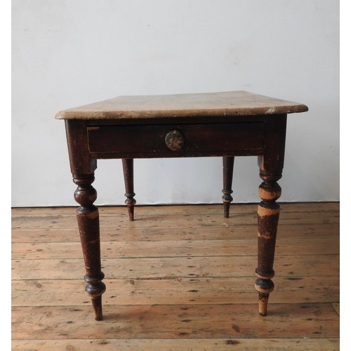 13 - A VICTORIAN RUSTIC PINE TURNED LEG SCULLERY TABLE WITH CUTLERY DRAWER, 74 x 106 x 71cm