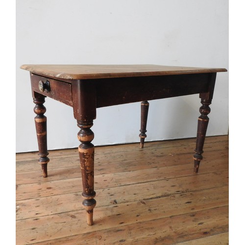 13 - A VICTORIAN RUSTIC PINE TURNED LEG SCULLERY TABLE WITH CUTLERY DRAWER, 74 x 106 x 71cm