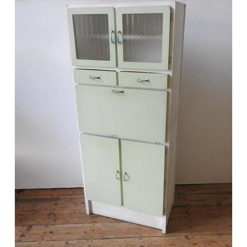 15 - A VINTAGE GLAZED FALL-FRONT KITCHEN CABINET, with two drawers, two cupboard doors below and two glas... 