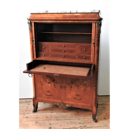 30 - A 20TH CENTURY WALNUT VENEER LOUIS XVI STYLE SECRETAIRE, a tambour roll enclosing seven trinket draw... 