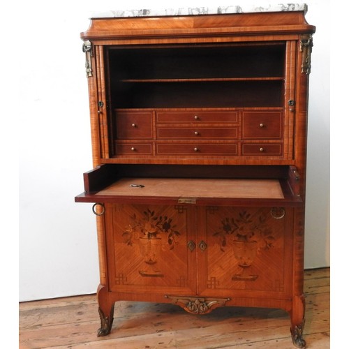 30 - A 20TH CENTURY WALNUT VENEER LOUIS XVI STYLE SECRETAIRE, a tambour roll enclosing seven trinket draw... 