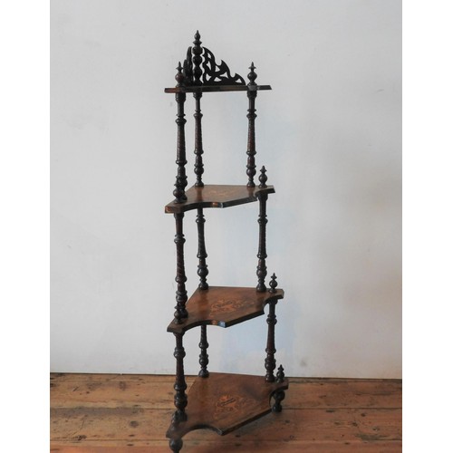 32 - A VICTORIAN WALNUT 4-TIER MARQUETRY INLAID CORNER WHATNOT, 140cm high, with twist supports and finia... 