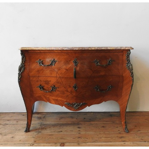 41 - A 20th CENTURY LOUIS XV STYLE CONTINENTAL MARBLE TOP BOMBE CHEST, the two drawer chest with floral m... 