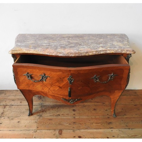 41 - A 20th CENTURY LOUIS XV STYLE CONTINENTAL MARBLE TOP BOMBE CHEST, the two drawer chest with floral m... 