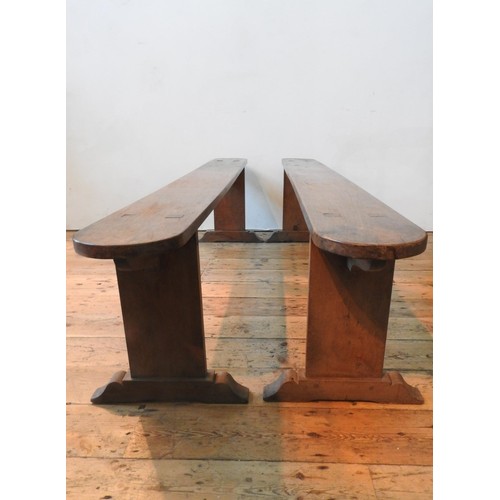 54 - A PAIR OF FRENCH 19TH CENTURY FARMHOUSE BENCHES, 46 x 198 cm