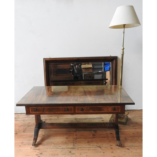 56 - A 20TH CENTURY MAHOHGANY STYLE COFFEE TABLE, STANDARD LAMP AND MIRROR, the regency-style coffe table... 