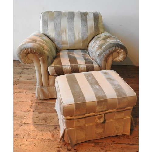 62 - A DURESTA STRIPED BUTTON UPHOLSTERED ARMCHAIR AND MATCHING FOOT STOOL, the chair measures 100 x 124 ... 