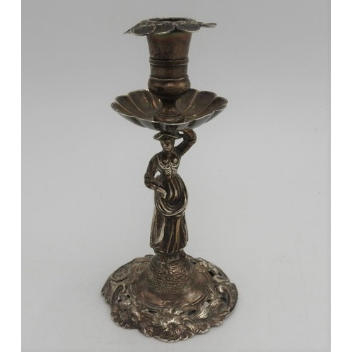 316 - A DUTCH SILVER FIGURINE DECORATED CANDLESTICK, on circular base with pierced floriform detail, the s... 