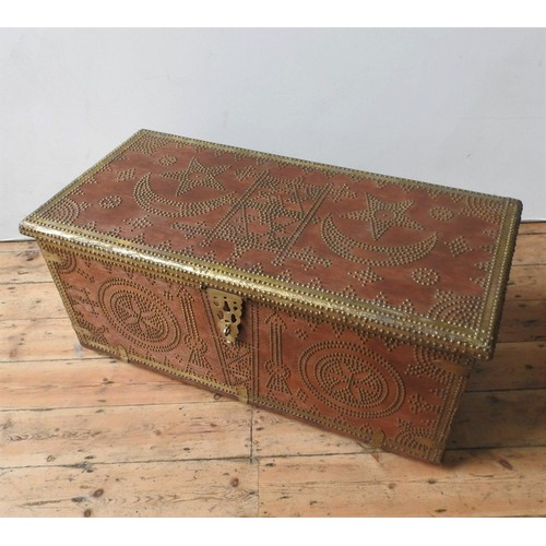 64 - A MIDDLE EASTERN BRASS STUDDED BLANKET CHEST, with moon and star decoration, with two handles 47 x 9... 