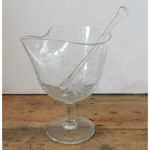 248 - A VINTAGE ETCHED GLASS COCKTAIL PITCHER WITH GLASS COCKTAIL STIRRER, the pitcher etched with floral ... 