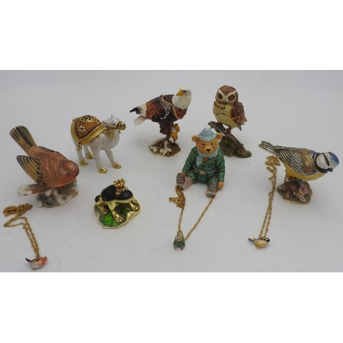 273 - A COLLECTION OF SEVEN ENAMELLED METAL TRINKET BOXES, in the form of animals and teddy bear, the tedd... 