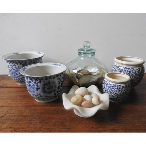 275 - FOUR BLUE AND WHITE GLAZED JARDINIERES, ALABASTER BOWL AND EGG ORNAMENTS AND A LARGE GLASS JAR CONTA... 