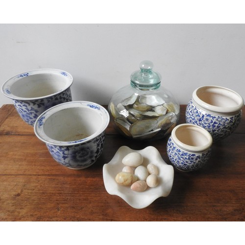 275 - FOUR BLUE AND WHITE GLAZED JARDINIERES, ALABASTER BOWL AND EGG ORNAMENTS AND A LARGE GLASS JAR CONTA... 