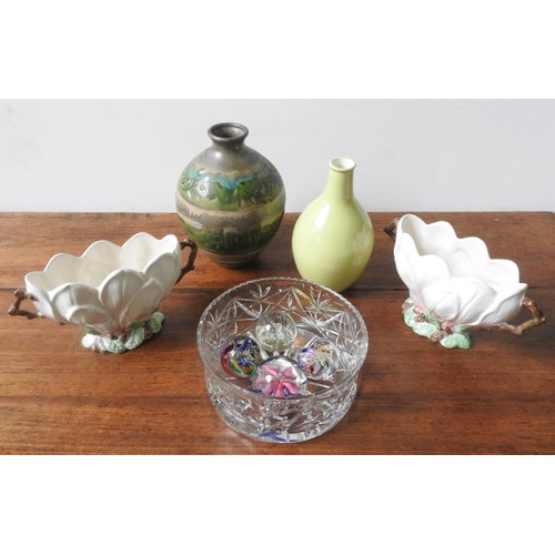 279 - A PAIR OF SYLVAC LOTUS FLOWER BOWLS, POOLE POTTERY VASE, CUT GLASS BOWL AND PAPER WEIGHTS, and a con... 