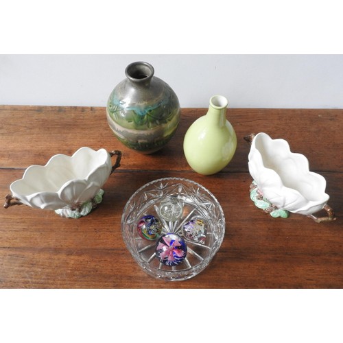 279 - A PAIR OF SYLVAC LOTUS FLOWER BOWLS, POOLE POTTERY VASE, CUT GLASS BOWL AND PAPER WEIGHTS, and a con... 