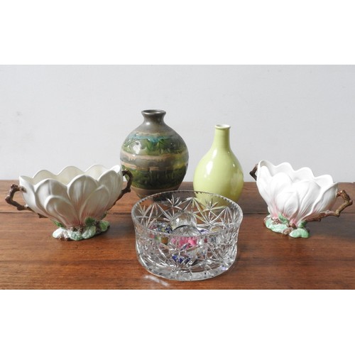 279 - A PAIR OF SYLVAC LOTUS FLOWER BOWLS, POOLE POTTERY VASE, CUT GLASS BOWL AND PAPER WEIGHTS, and a con... 