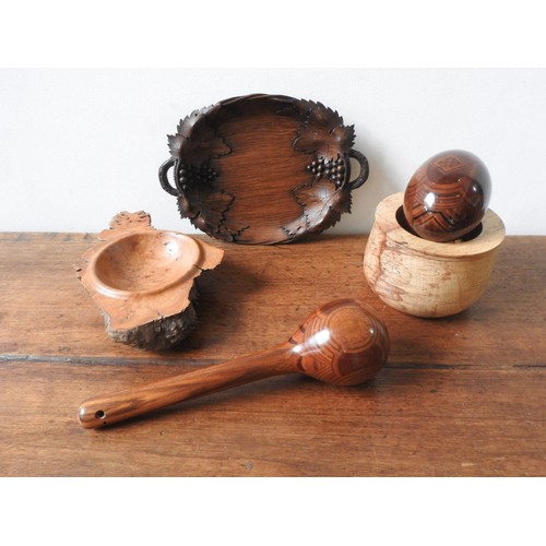 281 - A COLLECTION OF FIVE TREEN ITEMS, including an ornate turned club and egg ornament, two turned bowls... 