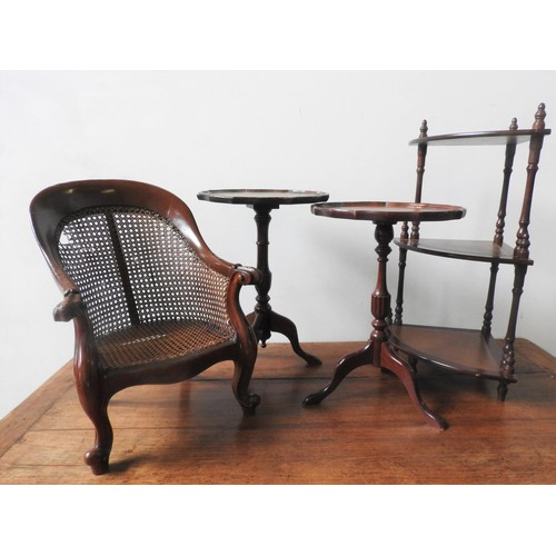 65 - A CHILD'S MAHOGANY FRAMED CANE ARMCHAIR, TWO 20TH CENTURY WINE TABLES AND 3-TIER CORNER WHAT NOT, th... 