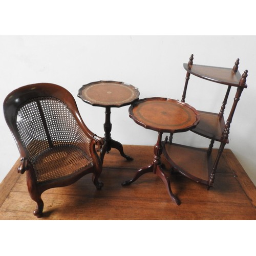 65 - A CHILD'S MAHOGANY FRAMED CANE ARMCHAIR, TWO 20TH CENTURY WINE TABLES AND 3-TIER CORNER WHAT NOT, th... 