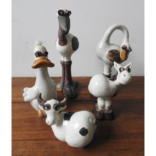 282 - A SET OF FIVE CONTEMPORARY CRACKLE GLAZE ANIMAL FIGURES, comprising of a bull, duck, horse, ostrich ... 