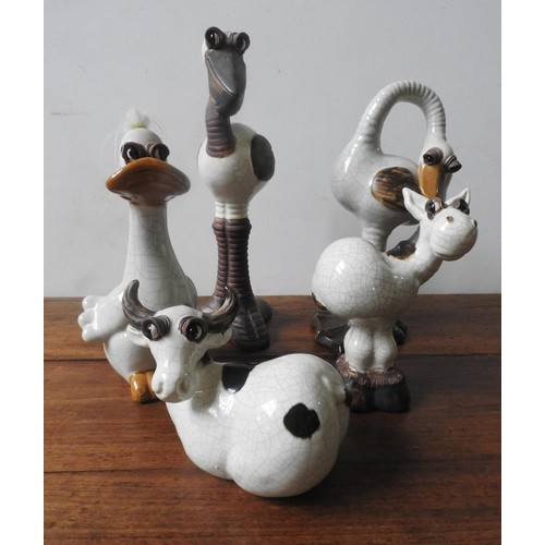 282 - A SET OF FIVE CONTEMPORARY CRACKLE GLAZE ANIMAL FIGURES, comprising of a bull, duck, horse, ostrich ... 