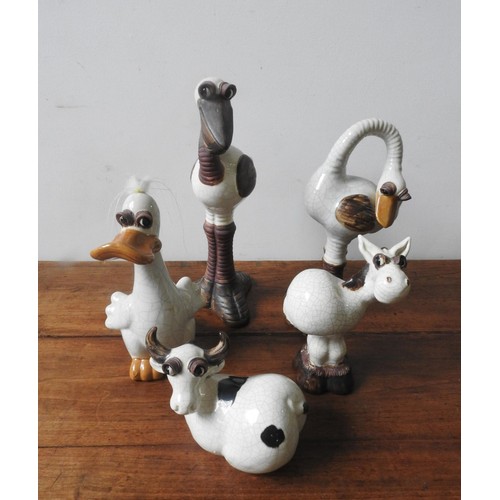 282 - A SET OF FIVE CONTEMPORARY CRACKLE GLAZE ANIMAL FIGURES, comprising of a bull, duck, horse, ostrich ... 