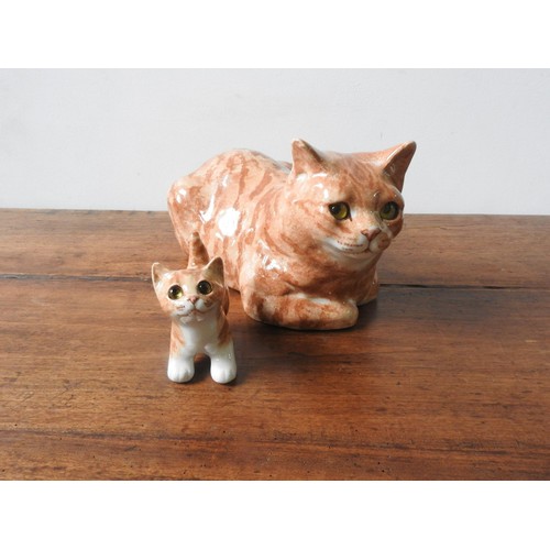 283 - A WINSTANLEY POTTERY GINGER CAT FIGURE AND KITTEN FIGURE, the base signed with indistinguishable sig... 