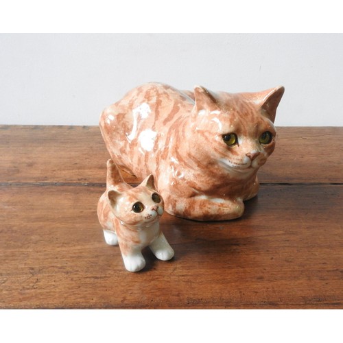 283 - A WINSTANLEY POTTERY GINGER CAT FIGURE AND KITTEN FIGURE, the base signed with indistinguishable sig... 