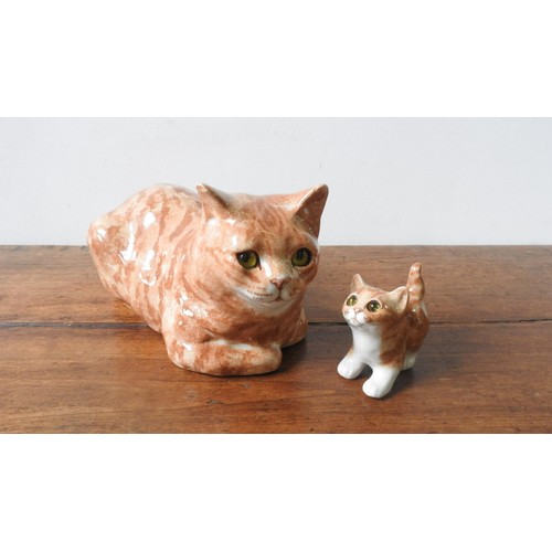 283 - A WINSTANLEY POTTERY GINGER CAT FIGURE AND KITTEN FIGURE, the base signed with indistinguishable sig... 