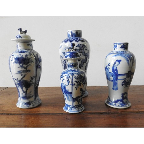 226 - FOUR VARIOUS BLUE AND WHITE ORIENTAL VASES, 24 cm high and smaller