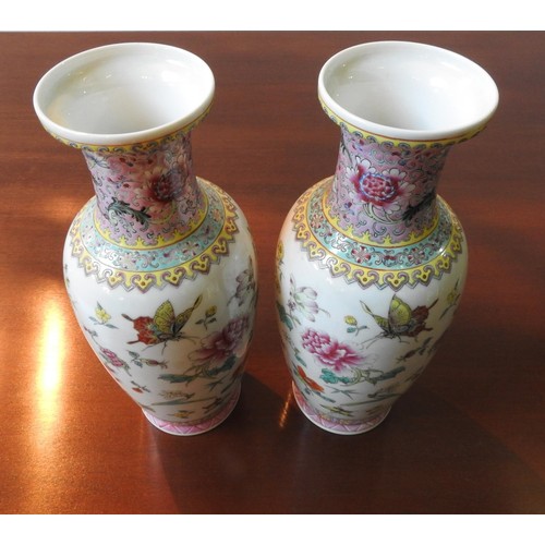 224 - A PAIR OF REPUBLIC PERIOD VASES, with butterfly and floral decoration, 31 cm high