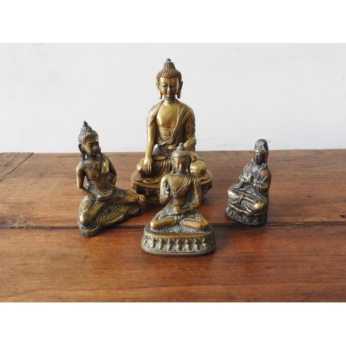 216 - FOUR CAST BRONZE SEATED BUDDHA FIGURES, 20 cm high and three smaller