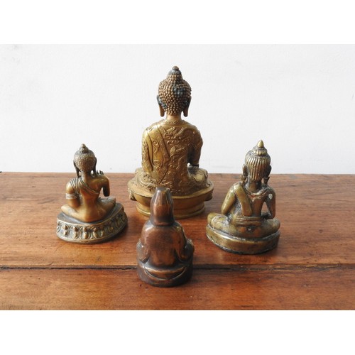 216 - FOUR CAST BRONZE SEATED BUDDHA FIGURES, 20 cm high and three smaller