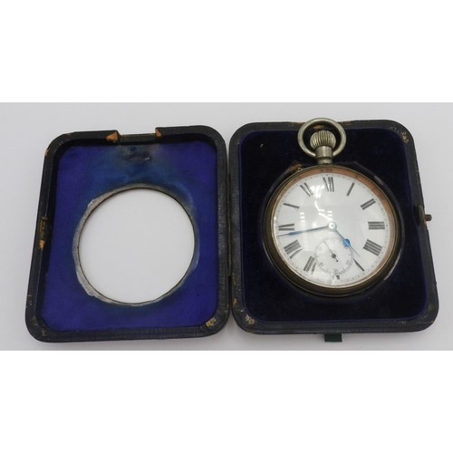 302 - A SILVER PLATED GOLIATH POCKET WATCH IN A HALLMARK SILVER FRONTED TRAVEL CASE, the silver case with ... 