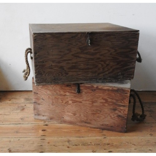 70 - A PAIR OF PINE STORAGE TRUNKS, with rope handles, 36 x 66 x 53 cm