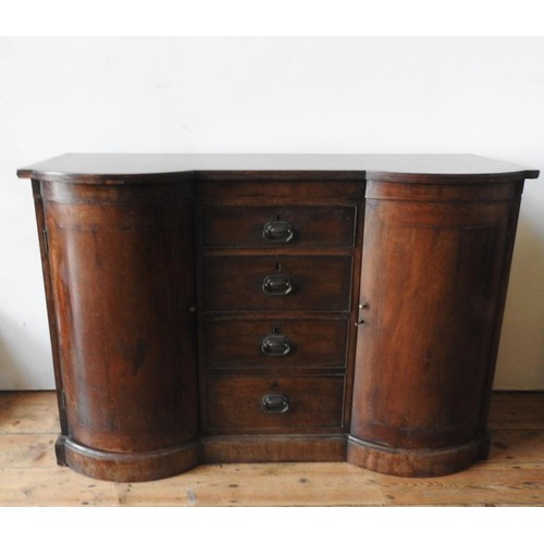 72 - A 19TH CENTURY MAHOGANY INLAID SIDEBOARD, with two bowed cupboard doors and four graduated drawers, ... 