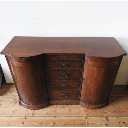 72 - A 19TH CENTURY MAHOGANY INLAID SIDEBOARD, with two bowed cupboard doors and four graduated drawers, ... 