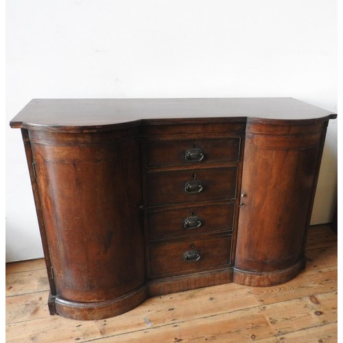 72 - A 19TH CENTURY MAHOGANY INLAID SIDEBOARD, with two bowed cupboard doors and four graduated drawers, ... 