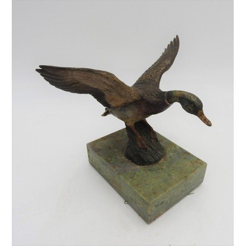 212 - AN AUSTRIAN COLD PAINTED BRONZE DUCK FIGURE, on marble plinth, 13 x 13 cm