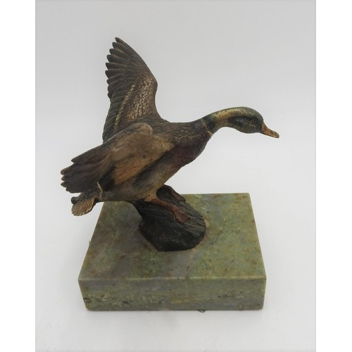 212 - AN AUSTRIAN COLD PAINTED BRONZE DUCK FIGURE, on marble plinth, 13 x 13 cm