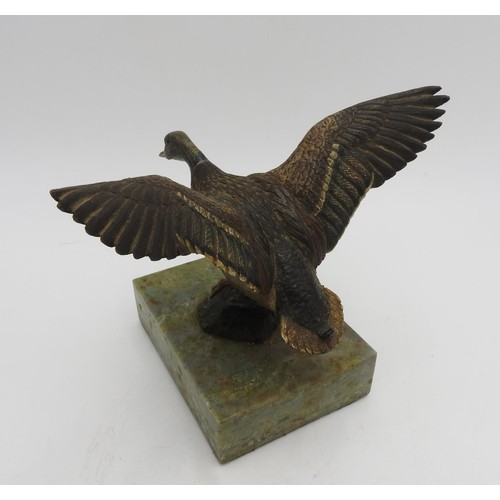 212 - AN AUSTRIAN COLD PAINTED BRONZE DUCK FIGURE, on marble plinth, 13 x 13 cm