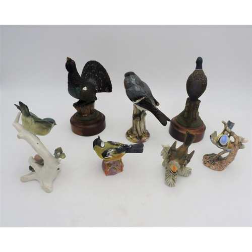 291 - A MEISSEN CHAFFINCH FIGURE AND SIX OTHER BIRD ORNAMENTS, including a Goebel finch, Goebel blue tit, ... 