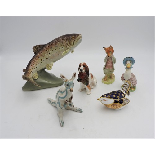 293 - ROYAL CROWN DERBY WREN PAPER WEIGHT, TWO BESWICK BEATRIX POTTER FIGURES, Beswick salmon figure, Roya... 