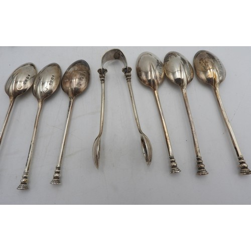 325 - A SET OF SIX SILVER TEASPOONS AND SUGAR TONGS, FIVE HALLMARK SILVER KNIVES, SILVER HANDLED KNIVES AN... 